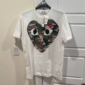 Comme des Garcons White Tee with Camouflage Heart